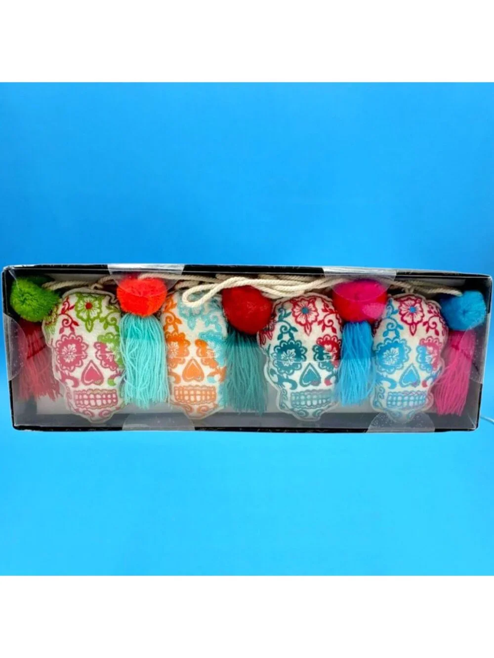 Sugar Skull Garland Day of the Dead Poms Poms Tassels Halloween Banner 7ft